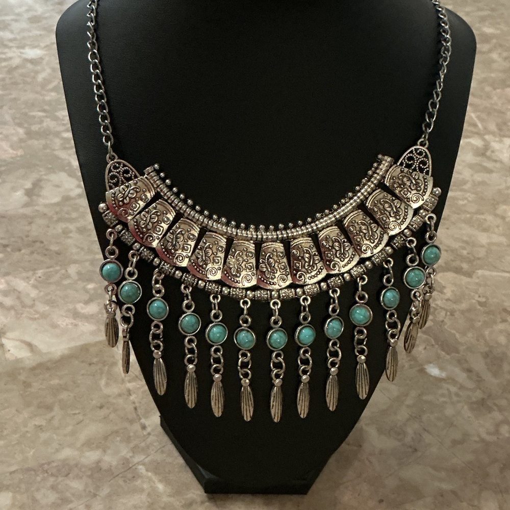 Boho Silver-Tone Necklace with Turquoise Accents